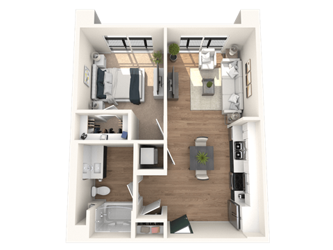 Floor plan for 1 bed, 1 bath, 652 sqft